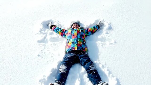 Child Making Snow Angel in Winter Snow.