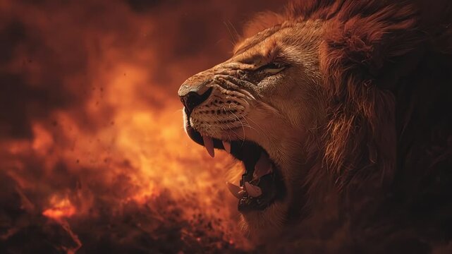 Lion roaring in fiery background scene.