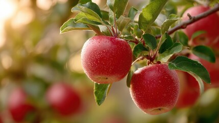 Obraz premium Ripe red apples hang on a tree branch during warm golden hour with soft bokeh and gentle light