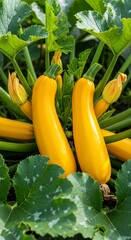 Fresh yellow zucchini growing on a plant in a garden