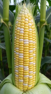 Fresh ear of bicolor sweet corn ripening on a stalk in a field