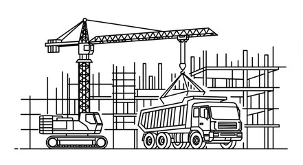 Construction Site with Crane and Trucks. © Reza