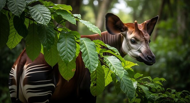 Rare Okapi Forest Giraffe Peeking Through Dense Green Jungle Foliage