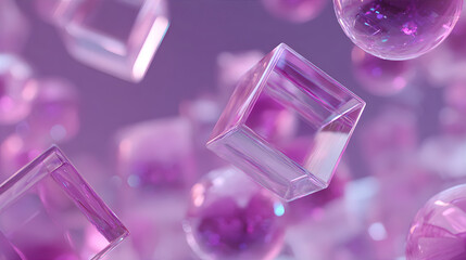 Crystal cube and translucent sphere floating in purple space. Abstract geometric art background for tech, science, or ethereal concept design.