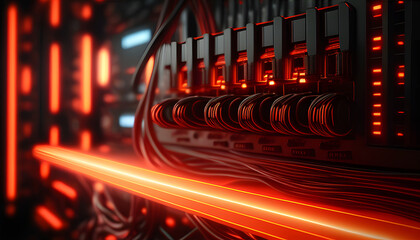 Glowing red light trails and dark server racks. Fast data transfer and network concept. Digital technology, processing, and communication.
