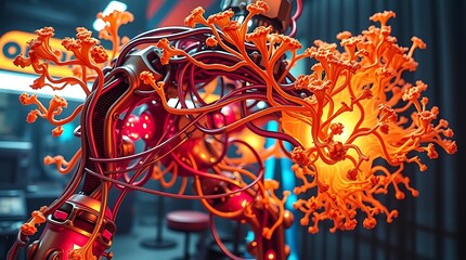Obraz premium Reddish brown mechanical device fused with orange vines in a futuristic lab.