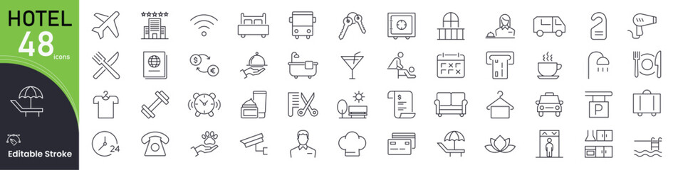 Hotel icon set. Hospitality and accommodation related line icons: bed, room service, reception, luggage, key, breakfast, hotel building, Wi-Fi and swimming pool. Editable stroke © khansa