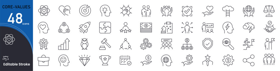 Core Values icon set. Ethics and business principle related line icons. integrity, honesty, respect, responsibility, teamwork, innovation,  trust, vision and more. Editable stroke. © khansa