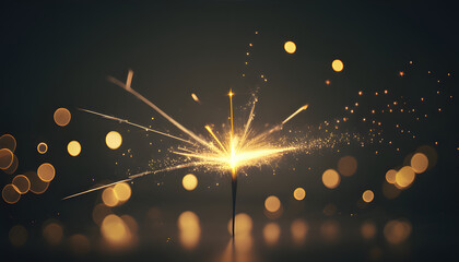 Glowing sparkler igniting in dark background. Festive celebration light for Happy New Year and holiday event. Dynamic bright firework display.