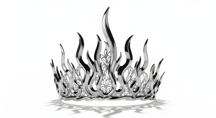 Silver metallic crown with flame-like spikes and intricate details, reflective chrome finish, 3D render isolated PNG with Transparent Background