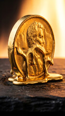 Gold coin melts on dark stone surface under warm light from flames. Scene captures contrast between wealth and destruction. Concept of finance, art, symbolism