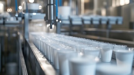 Fototapeta premium A large production line of plastic cups in a factory setting with industrial machinery