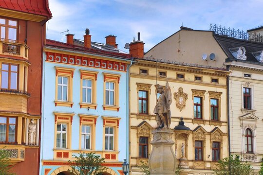 Cieszyn main square Rynek. Architecture of Cieszyn town in Poland.