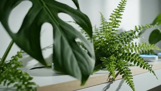 Smart Home Harmony - Echo Dots and Lush Greenery in Serene Interior.