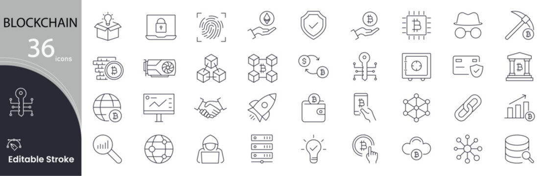 Blockchain icon set. Cryptocurrency and decentralized technology related line icons: ledger, chain, bitcoin, security, digital currency, smart contract, node, crypto wallet and more. Editable stroke. 