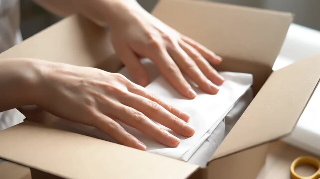 Close-up of hands carefully placing tissue paper in a cardboard box on a table with scissors.