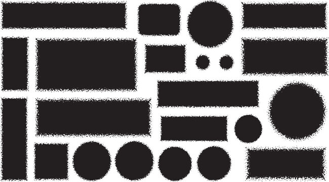 Set of black rectangles squares and circles with grunge distressed edges on checkered grunge texture vector design on transparent background,