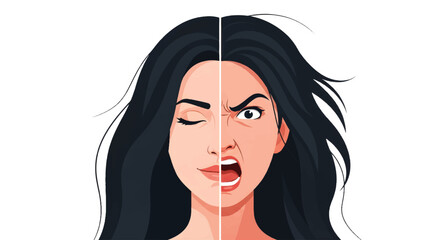 Woman Face with Split Dual Emotions Happy and Angry Vector Illustration