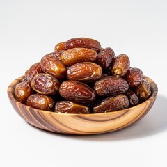 Obraz premium A pile of dates in a wooden bowl isolated on white background