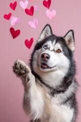 Fototapeta premium Pawlentine day playful husky with heterochromia raising paw