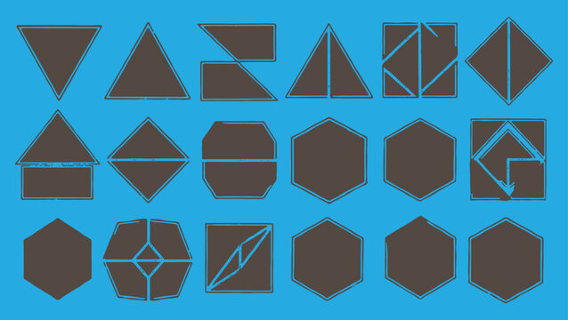 Assorted brown geometric shapes including triangles hexagons and squares with outlines on blue background for design grunge texture vector design