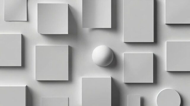Video A white sphere surrounded by various geometric shapes including squares and cubes
