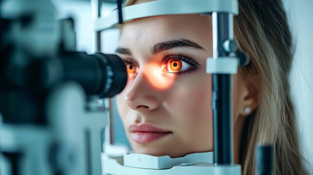 A young woman undergoes an eye examination with a phoropter in a medical setting.