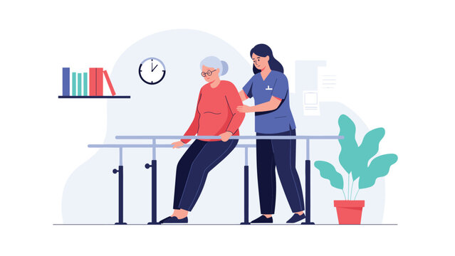 Nurse in blue scrubs assists an elderly woman in a red sweater using parallel bars for physical therapy in a bright room.