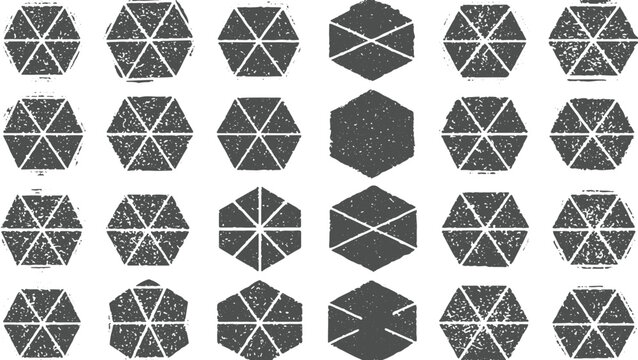 Collection of grunge hexagonal shapes, various distressed frames and set patterns, dark grey stamps vector design on transparent background