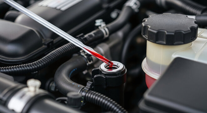 Close up view of dipstick extracting red fluid from vehicle engine compartment, showcasing