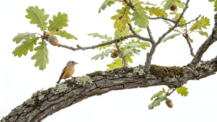 Small bird perched on mossy tree branch with green leaves and acorns isolated on white