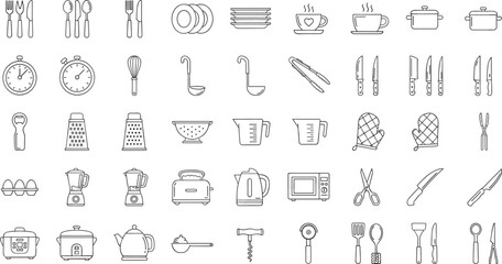 Fototapeta premium Hand Drawn Kitchen Tools Icon Set with Knives Cutlery Appliances Cookware Measuring Cups and Cooking Equipment Outline Vector Collectio