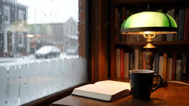 Cozy library corner with warm lamp light on rainy day