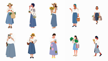 Diverse women carrying fresh groceries, flowers, and daily essentials, illustrating slow living, local market shopping, and sustainable lifestyle choices.