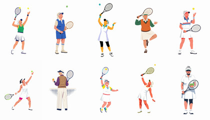 Naklejka premium Vector illustration set of diverse tennis players, showing seniors and young adults in dynamic action poses isolated on white.