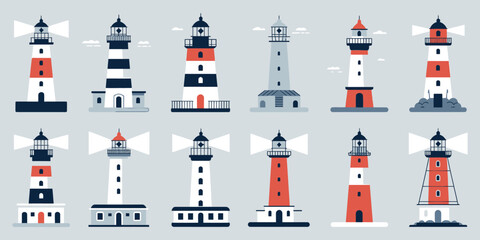 Lighthouses Collection, Cartoon Nautical Navigation Light Towers and Beacon Symbols, Marine Seaside Architecture in Flat Style, Coastal Vector Illustration Set.