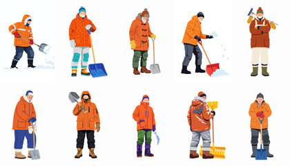 Collection of diverse snow removal workers in warm orange parkas and winter gear, depicted in various poses with shovels and tools. © Sri