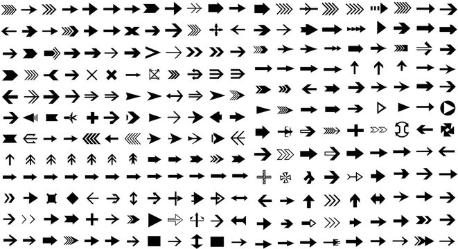 Collection of various black arrow icons on white background