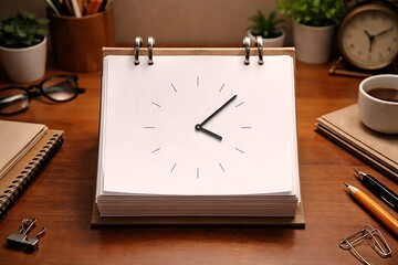 Minimalist Clock Face on Desk Calendar in a Productive Workspace
