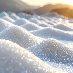 Rows of white granules/grains create a textured surface, hills and mountains blurred beyond