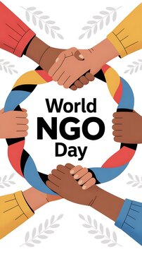 Illustration celebrating unity and collaboration for world ngo day with diverse hands joining together.