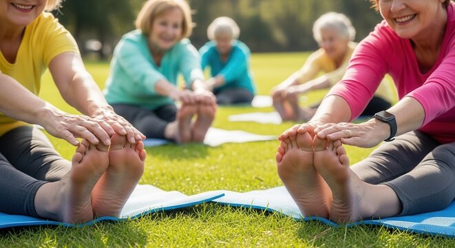 Close up of senior women feet during group yoga stretching on mats in green park. Focus on active elderly lifestyle, flexibility, fitness, and wellness during morning outdoor workout.