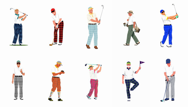 Set of senior men golfers playing golf, showcasing different swings, vintage fashion, and accessories in flat vector illustration style.