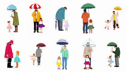 Fototapeta premium Set of fathers and daughters with umbrellas, illustrating family care, protection, and bonding moments in the rain.