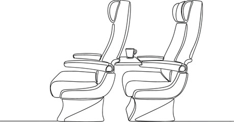 Obraz premium Continuous line drawing of modern airplane or train seats with coffee mug for luxury travel and transport branding