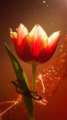 Tulip with red/yellow petals, green stem, sparkling ribbon, and warm lighting