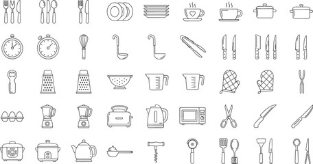 Fototapeta premium Hand Drawn Kitchen Utensils Icon Set with Cutlery Cookware Appliances Measuring Tools and Chef Equipment Outline Vector Collection