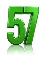 Shiny green 3D number fifty-seven, reflects on a white surface