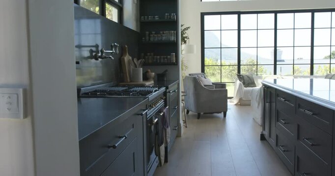 Camera is pushing forward then pulling back, revealing kitchen range, island sink and window views