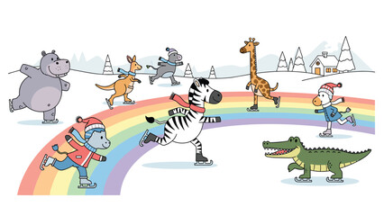 Fototapeta premium Group of various animals including a zebra, giraffe, and crocodile ice skate together on a colorful rainbow in a winter landscape.